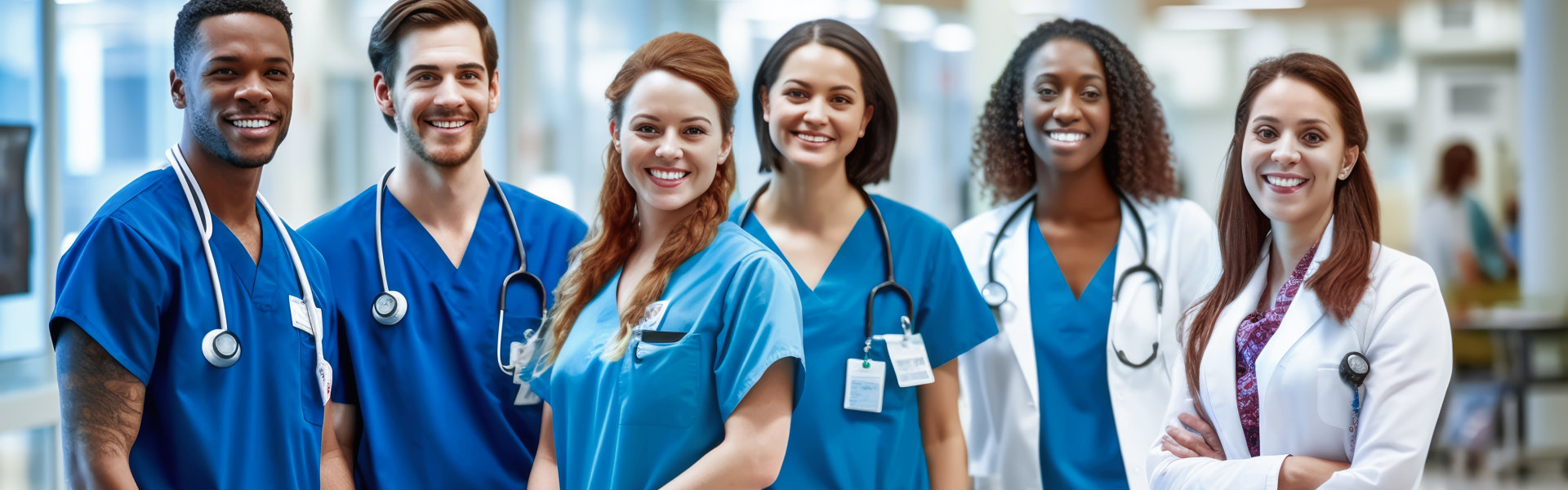 healthcare professionals in hospital corridor